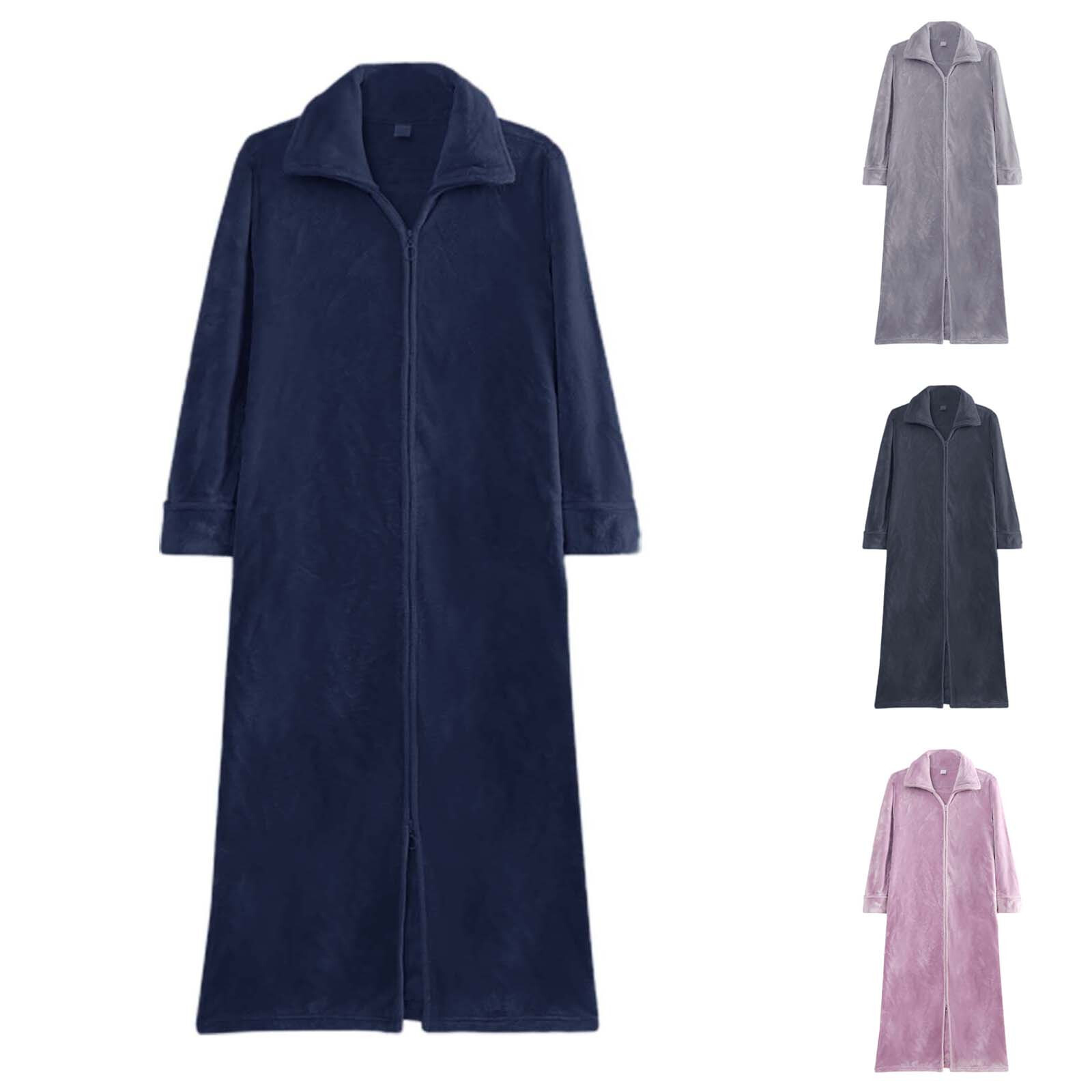 Men's Zip Bathrobes Warm Long Fleece Plush Robe Housecoats Nightgown