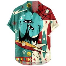 Camisa vintage de manga corta con estampado de gato Camisa estampada hawaiana para hombre