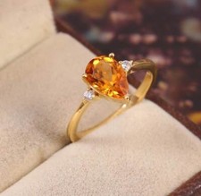 Natural Citrine Diamonds Gemstone Gold Plated Silver Engagement Ring