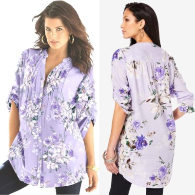 New Roaman's Lilac Floral Long Roll Up Sleeve Cotton Big Shirt Size 36W