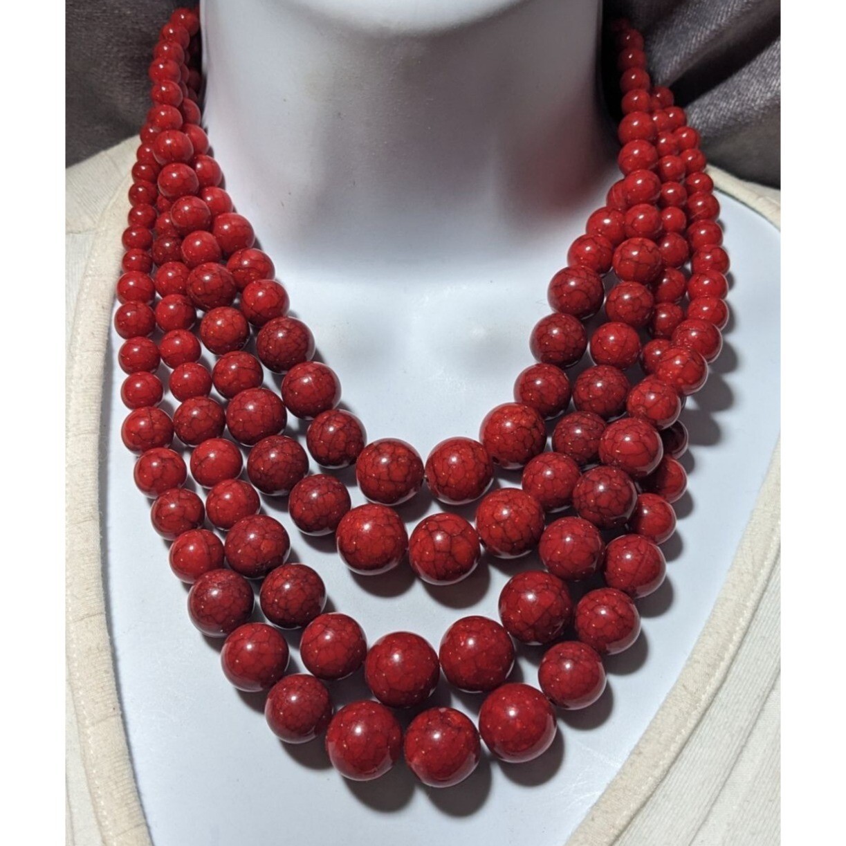 Red Marbled Multilayer Statement Necklace - image 3