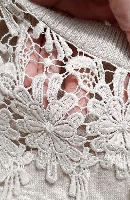 St John's Bay PM Crew Pullover Sweater Floral Lace Crochet Knit Heather Oatmeal - Image 3 of 4