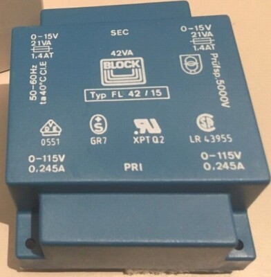 Block FL 42/15 Printtransformator Trafo 2 x 115V 2 x 15 V/AC 42 VA 1.4A #MJ