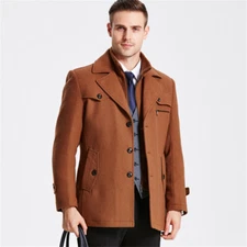 Men's Trench Coat French Business Overcoat Winter Warm Woolen Coat