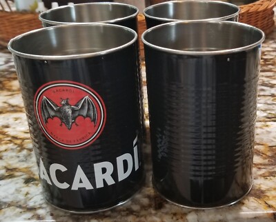 4 BACARDI Rum Promo Drink Cans  ~ Black with Red BAT Logo, MARCA DE FABRICA