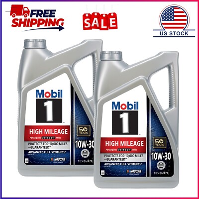 Mobil 1 High Mileage Full Synthetic Motor Oil 10W-30, 5 Quart x2pack [NO FEE]