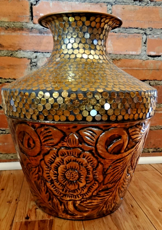 Pier One Imports Copper Mosaic Glass Art Over Brass 16" Tall - Image 2 of 4