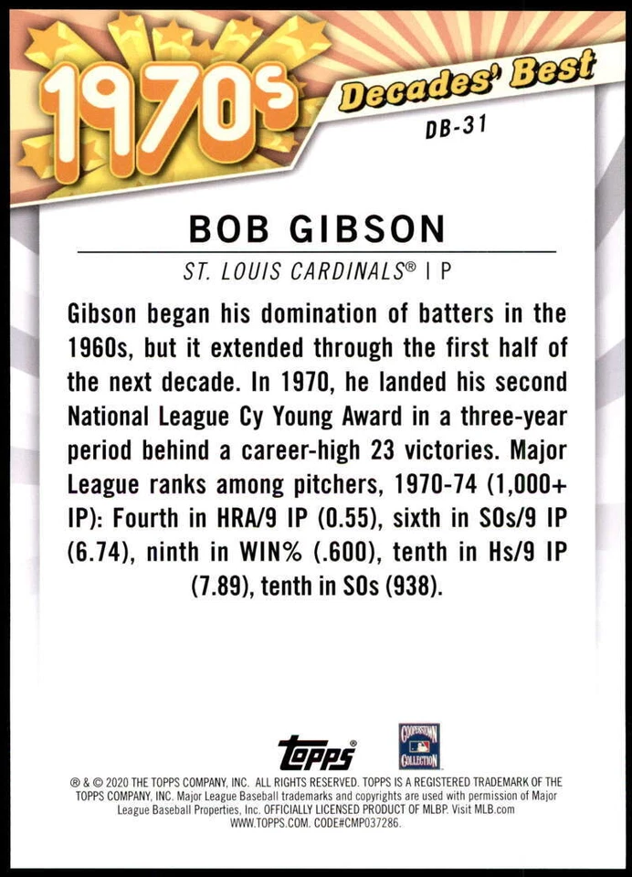 Bob Gibson 2020 Topps Decades Best 5x7 Gold #DB-31 /10 Cardinals  - Image 2 of 2