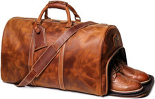 24" Leather Weekender Bag with Shoe Compartment,Classic Mens Leather Travel Duff