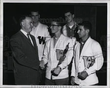 1963 Press Photo Wentworth Institute athletes honored by pres. Russell Beatty