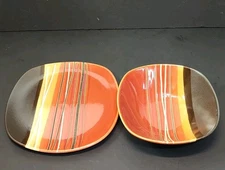 BAZAAR Red Orange Brown Stripe Square Stoneware Plate & Bowl Set, Home Trends