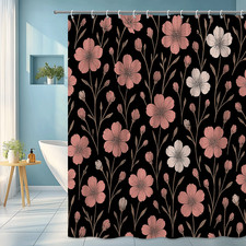 Chic Black Shower Curtain with Pink and White Floral Design