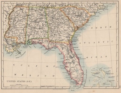 USA DEEP SOUTH. Florida South Carolina Georgia Alabama Mississippi USA 1895 Karte