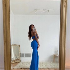 HOUSE OF CB Ocean Blue Altana Cut Out Strapless Sexy Split Maxi Gown Dress
