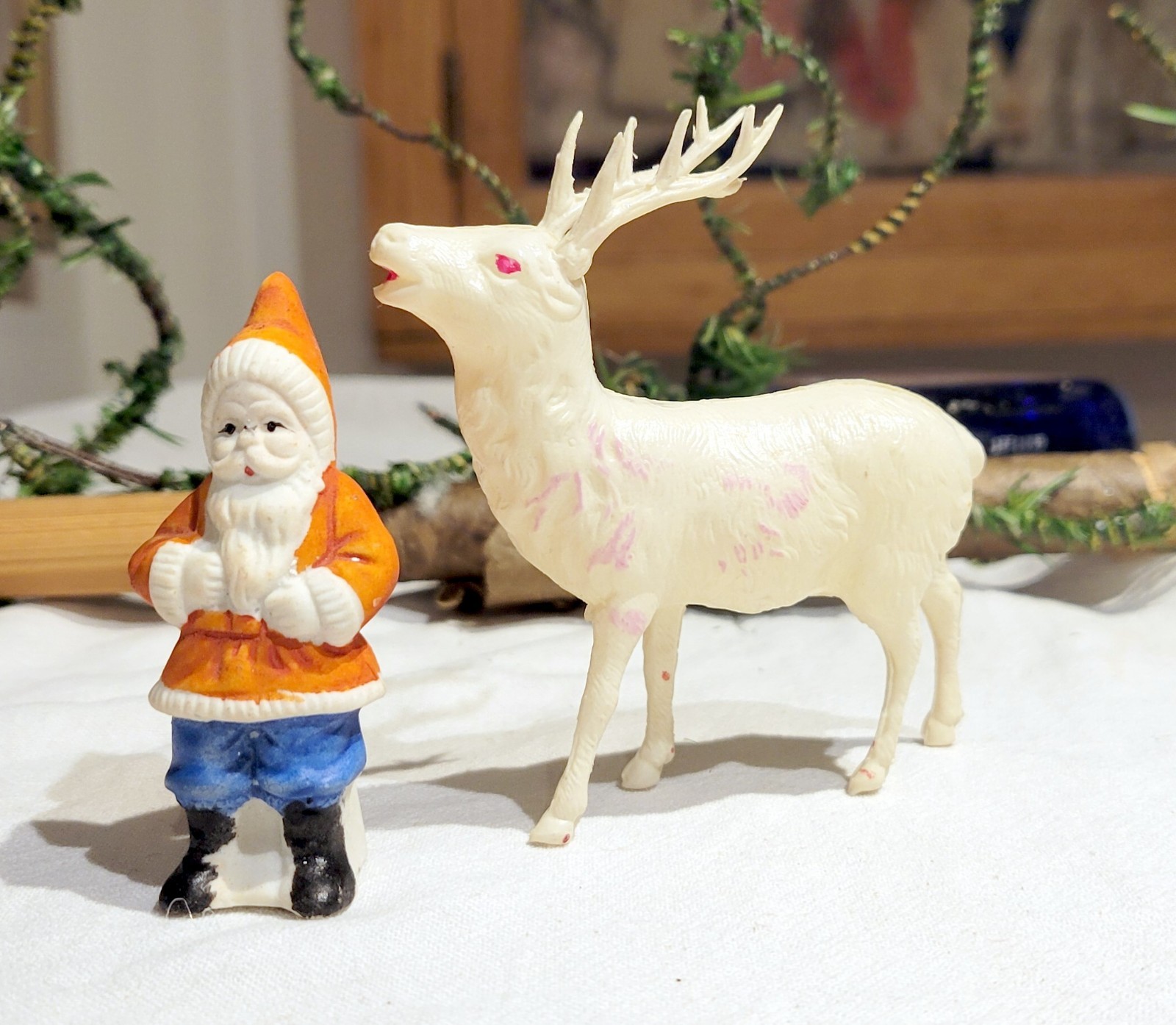 Antique German Santa. Red & Blue Suit, with Deer.  1920s Minature Figure.