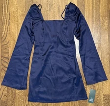 Wild Fable Women's Size XXS Bell Long Sleeve Satin Mini Bodycon Dress Blue