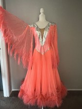 Absolutely STUNNING Coral Bright Ballroom Dance Silk Ostrich Feather Dress