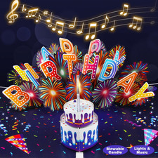 Birthday Cards Fireworks 3D Pop up Blowable Cake Light Music Happy Birthday Card
