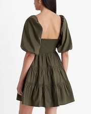Express Women's V-Neck Puff Sleeve Cutout Tiered Mini Dress - Olive Green - XL