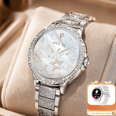 Smartwatch Damen Silber Rund Strass Telefonfunktion Fitnessuhr IP67 Android iOS