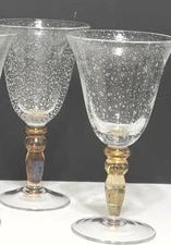 Pottery Barn Large Wine/Water Goblets Amber Stem Blown Glass w/Bubbles  Set of 2