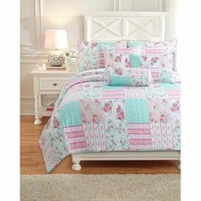 NEW COZY COTTAGE PATCHWORK BLUE AQUA GREEN PINK FLOWER COUNTRY SOFT QUILT SET