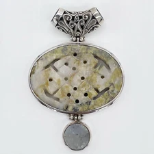 Sterling Silver Jade Lattice Carved Druzy Quartz Amulet Slide Statement Pendant