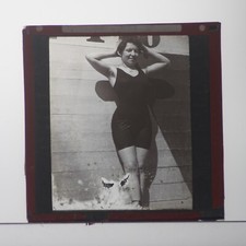 MAGIC LANTERN SLIDE VICTORIAN BATHER SWIMMING IN SEA WITH CHANGING HUT