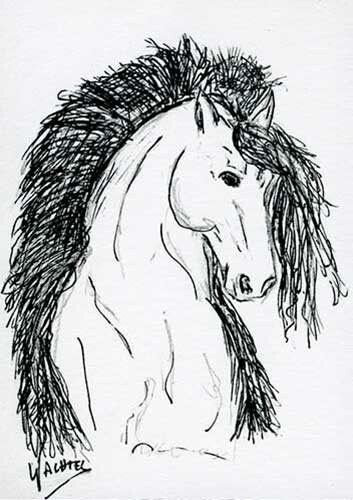 ACEO Original Horse Friesian Art Pencil Ink Collectible OOAK Gunilla Wachtel