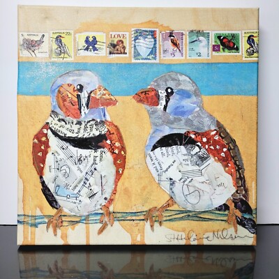 ELIZABETH ST. HILAIRE NELSON SIGNED CANVAS PAPER PAINTED BIRDS ON BRANCH 16'X16''
