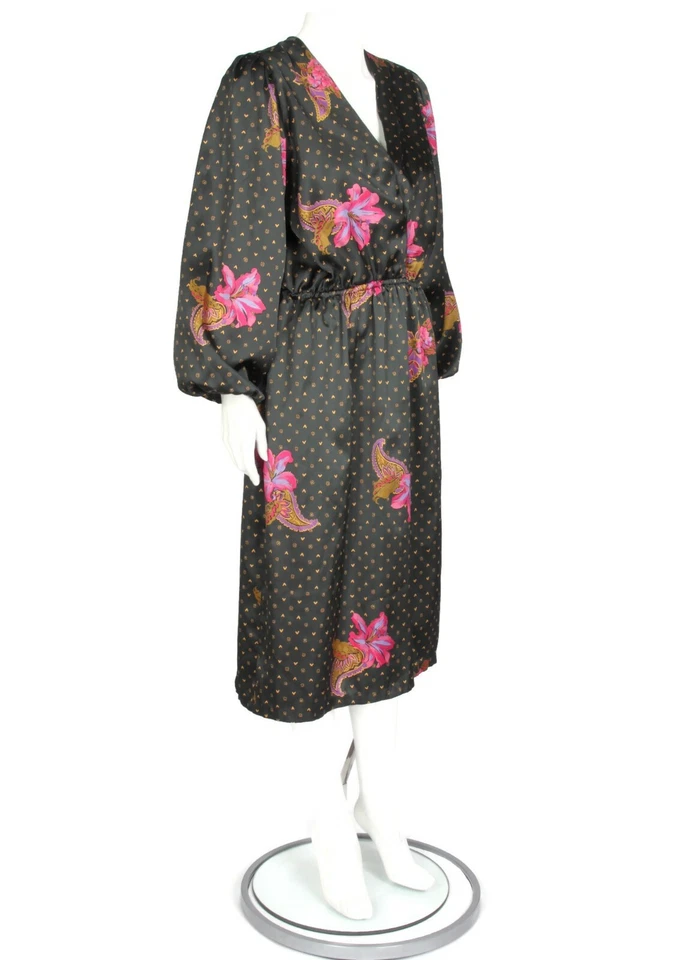 Vestido Vintage Años 70 Floral Polkadot Manga Abullonada Rosa Rústico Verde Talla S/M - 606 Foto 3 de 4