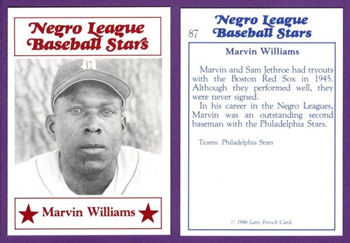 Marvin Williams Negro League Baseball Stars 1986 Larry Fritsch Cards #87 - 第 1/1 張圖片