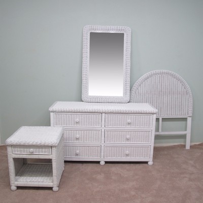 White Wicker 4 Piece Twin Bedroom Set Headboard Night Stand