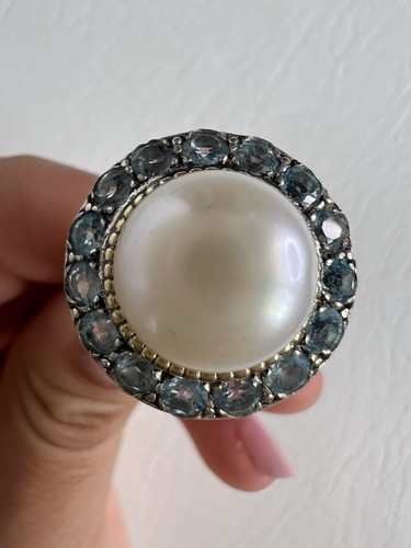 14k & 925 Sterlingsilber 11,6 mm Perle mit blauem Topas Halo Ring YAM ISRAEL Gr. 9 - Bild 3 von 7