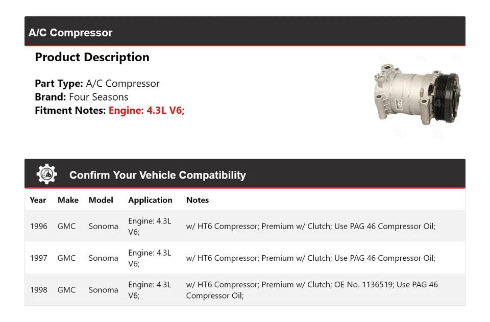 Para GMC Sonoma 1996-1998 4,3 L V6 compresor de aire acondicionado 4 estaciones 1997 Foto 2 de 4