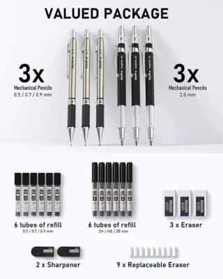 Nicpro 6PCS Art Mechanical Pencil Set, 3PCS Metal Drafting Pencil 0.5 Mm & 0.7 M