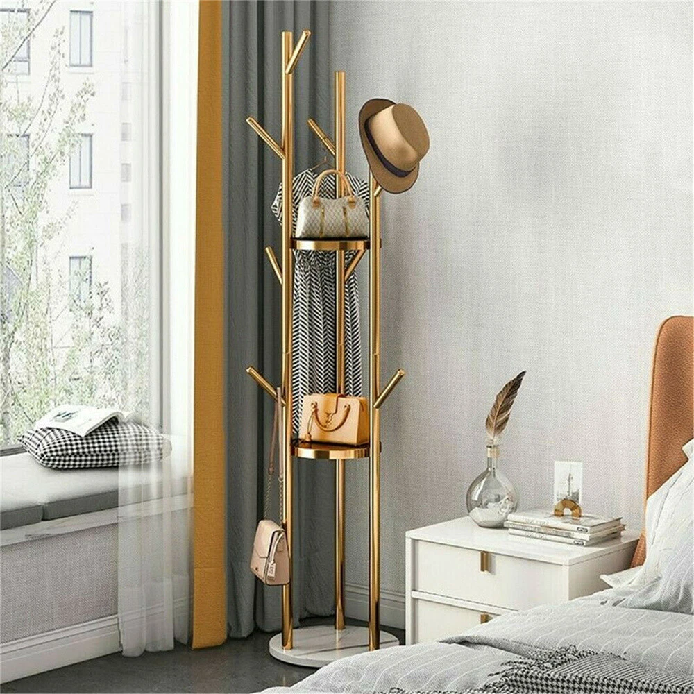 Modern Metal Coat Rack Free Standing Hat Hanger 9 Hooks 2 Storage Shelves  Gold