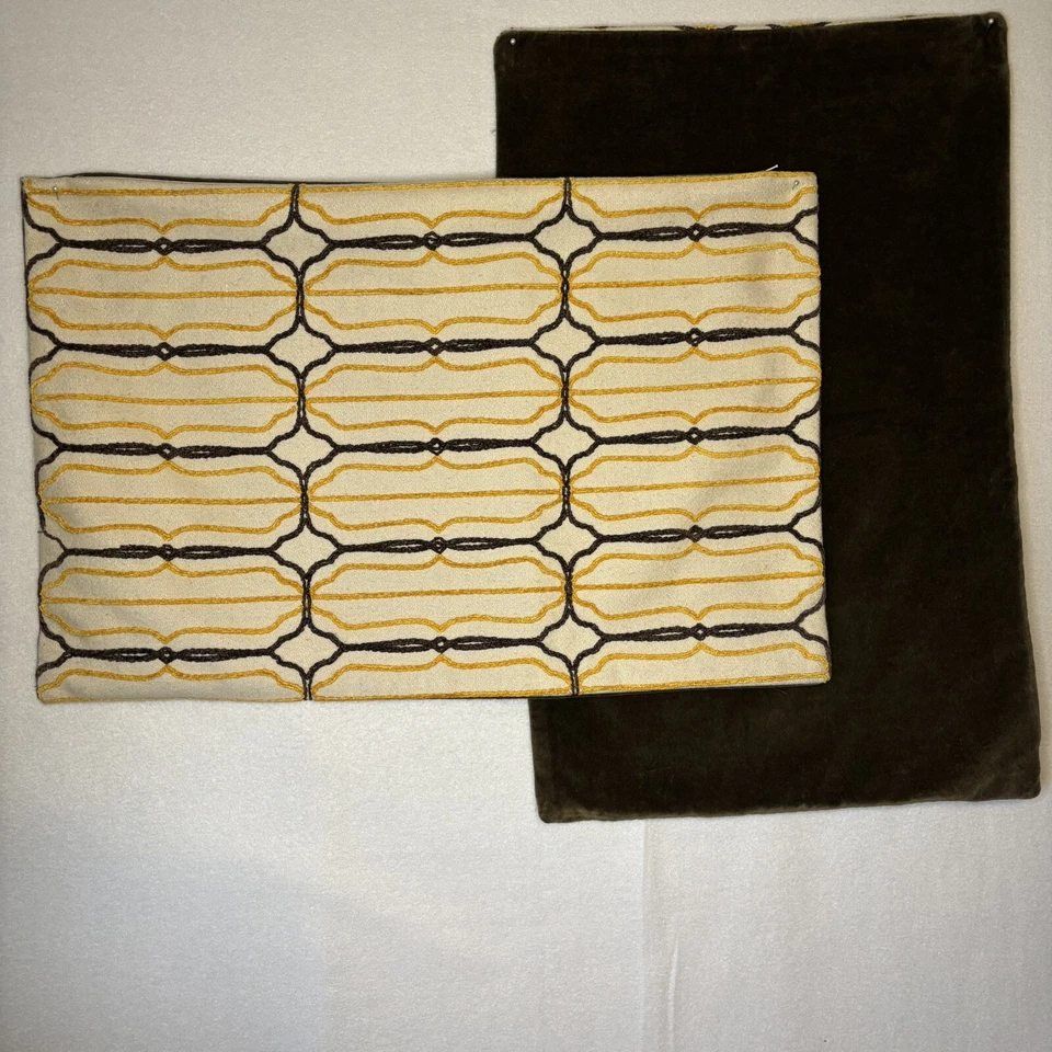 Crate & Barrel Genevieve Bennett Pillow Cover 24"x16" Set/2 Brown Gold Cream - Image 2 of 4