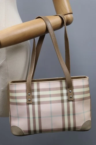 BURBERRY Pink Nova Check Used Coated Canvas Brown leather Hand Bag  Sz S