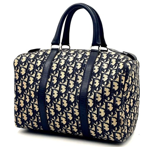 Christian Dior Trotter Oblique Mini Boston Bag Canvas Leather Navy Beige Auth