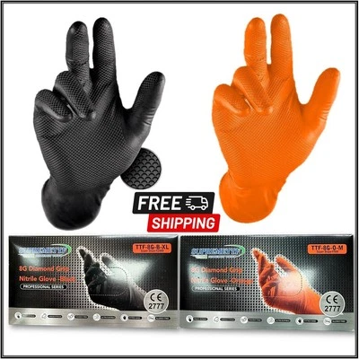 SUPREMETTF Black/Orange Nitrile Disposable Gloves 8 Mil Raised Diamond Texture | Fast Ship