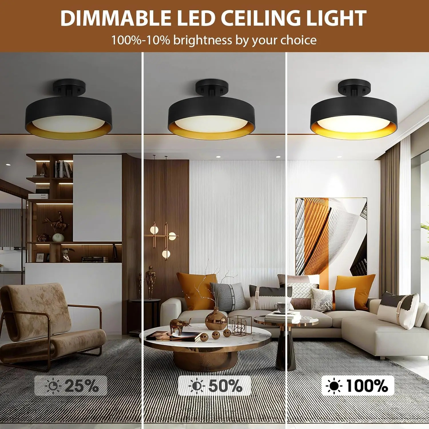 Semi Flush Mount Ceiling Lights, 12 Inch 25W LED Ceiling Light Fixture Black for