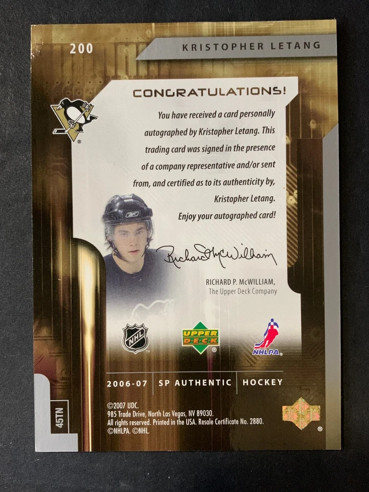 2006 SP Authentic Future Watch #200 Kris Letang /999 RC Rookie Auto Autograph - Image 2 of 2