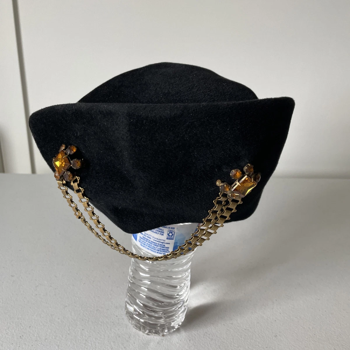 AWESOME 1940s\' BLACK FELT BERET WITH GOLD STUDS + LONG BLACK/GOLD CURLY FEATHERS lacroix-jewelled-black-  main image 2