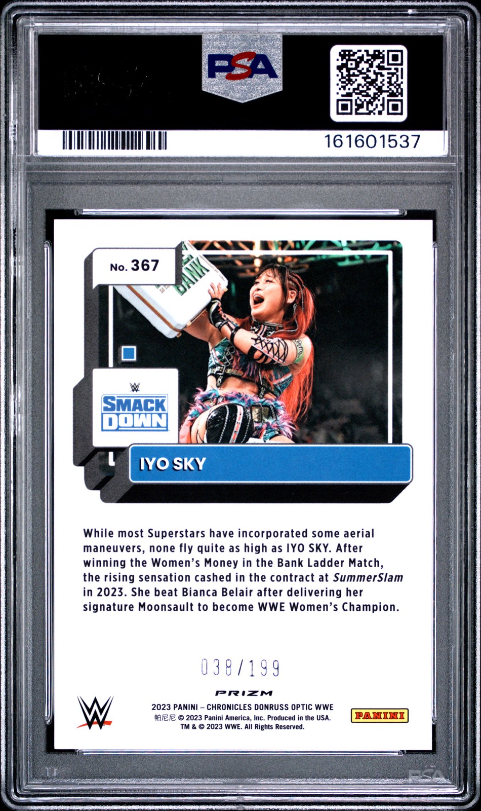 2023 PANINI CHRONICLES WWE PINK #367 IYO SKY 038/199 PSA 10 view 2