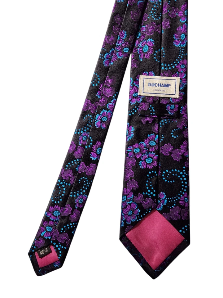 Duchamp London Necktie Black Purple Blue Floral Silk Jacquard Made in England - Image 3 of 4