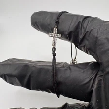 Silpada Sterling Silver .925 Pavé Cross Bracelet Black Cord Signed Jewelry