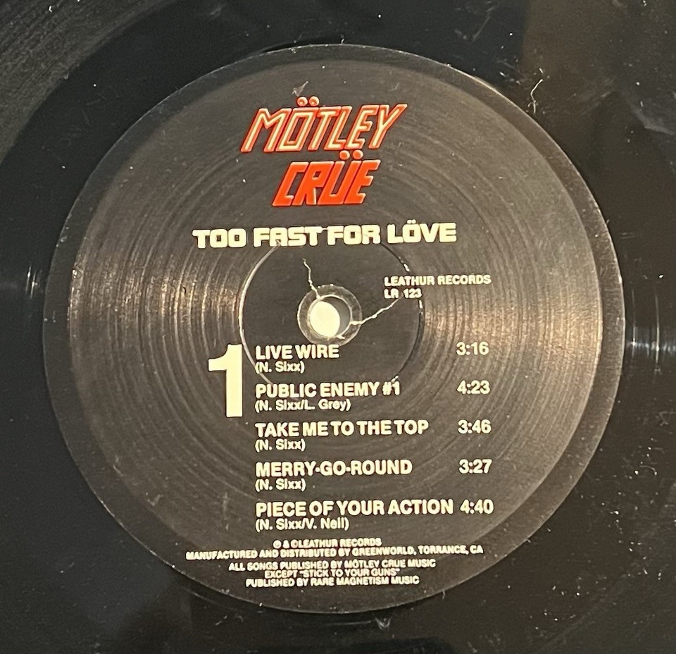 Motley Crue Too Fast For Love LP 1981 Leathur 3rd Press w/ Insert M