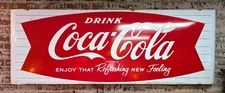 Outstanding Original 1950's "Fishtail" Coca Cola 6ft Porcelain Sled Sign