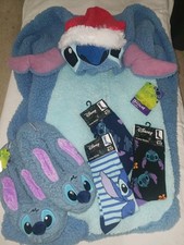 Lilo Stitch Adult L/XL Fleece 1pc Sleeper Xmas. Slippers  3pr Socks. NEW